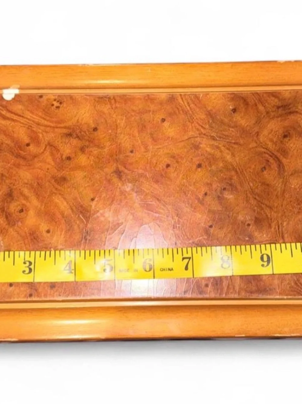 Wood Jewelry Box Burl Finish Mirrored Lid Green Velvet Removable Tray 12x7x4